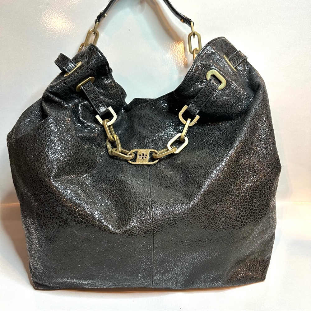 Tory Burch Black Lizard-Embossed Leather Hobo Shoulder Bag